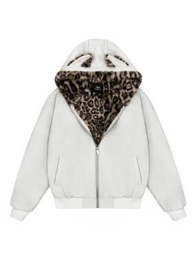 FDR Synthetic Suede Jacket with Cat Ears and Leopard Print Lining size Medium